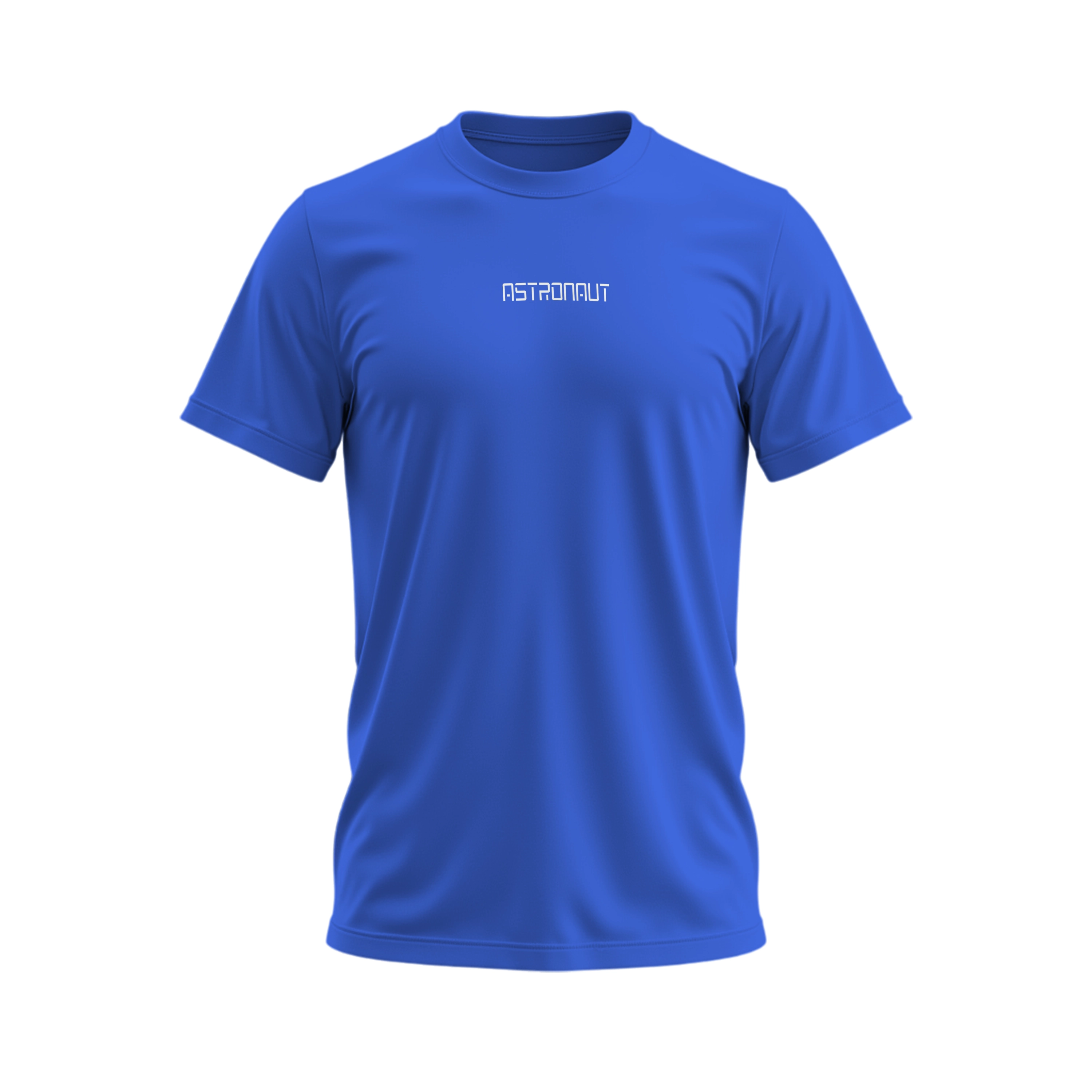 Blue t-shirt with 'Astronaut' logo on a white background
