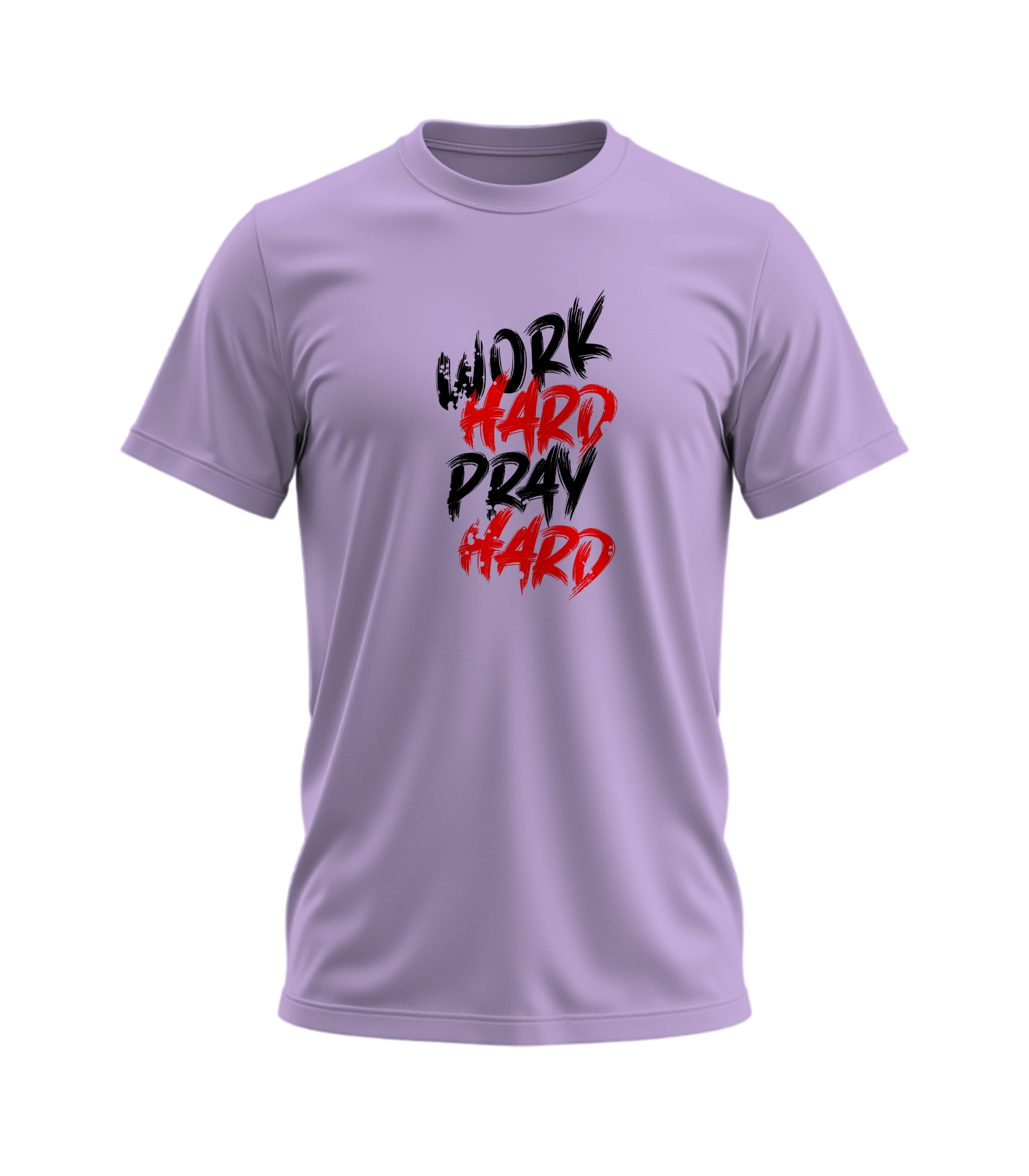 Purple t-shirt with 'Work Hard Pray Hard' text in black and red on a white background