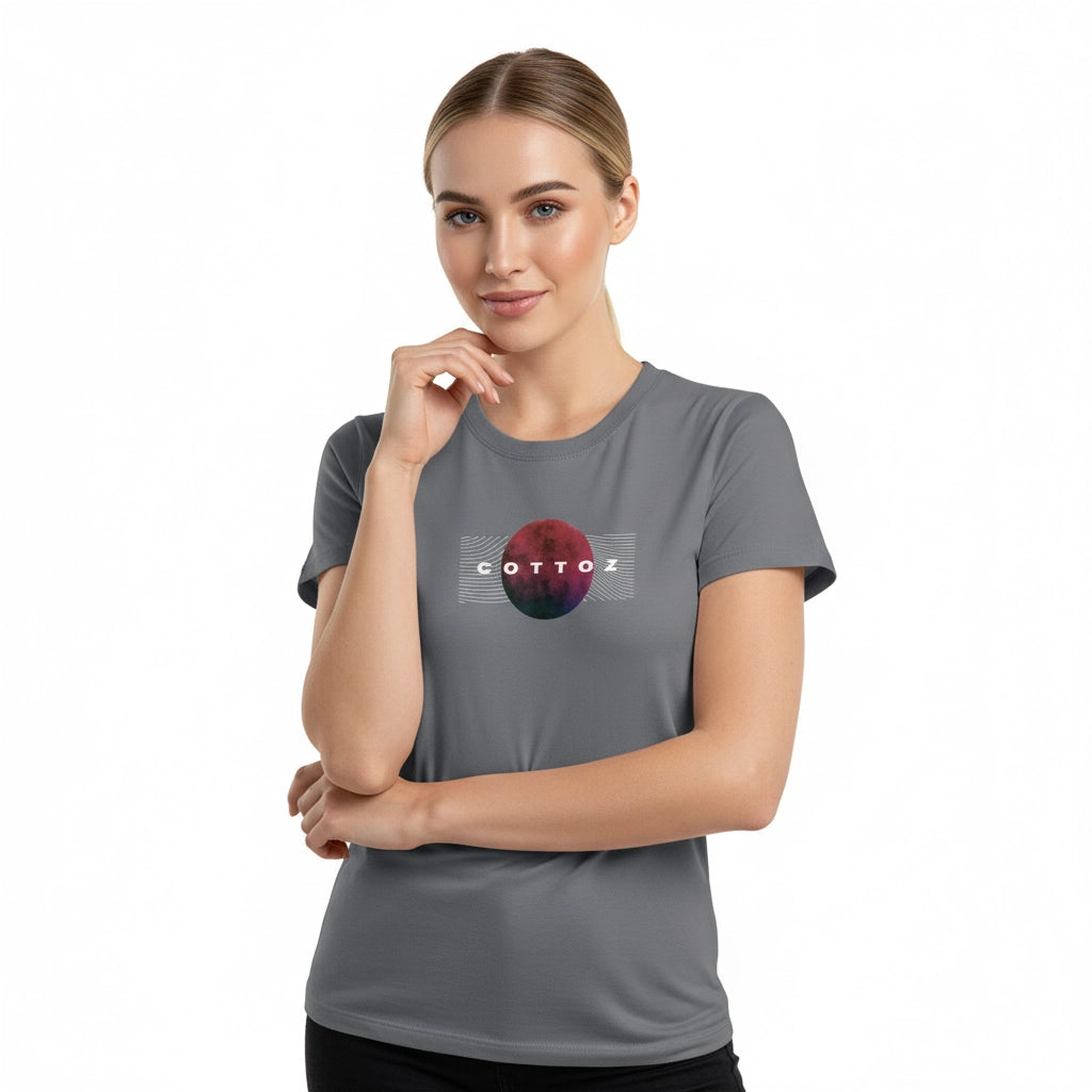 Woman wearing a gray t-shirt with a logo on a white background