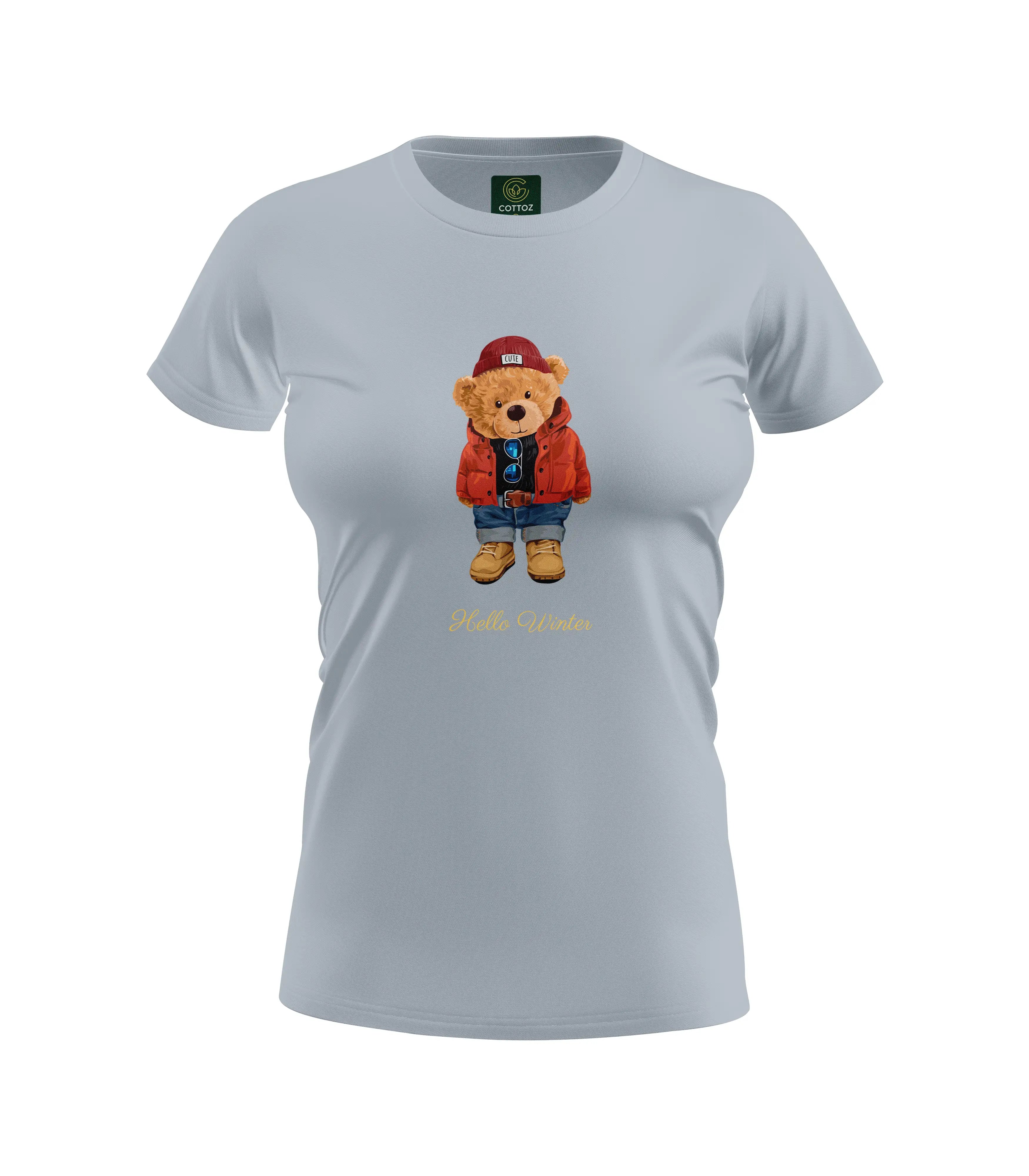 Gray t-shirt with a teddy bear graphic and text on a white background