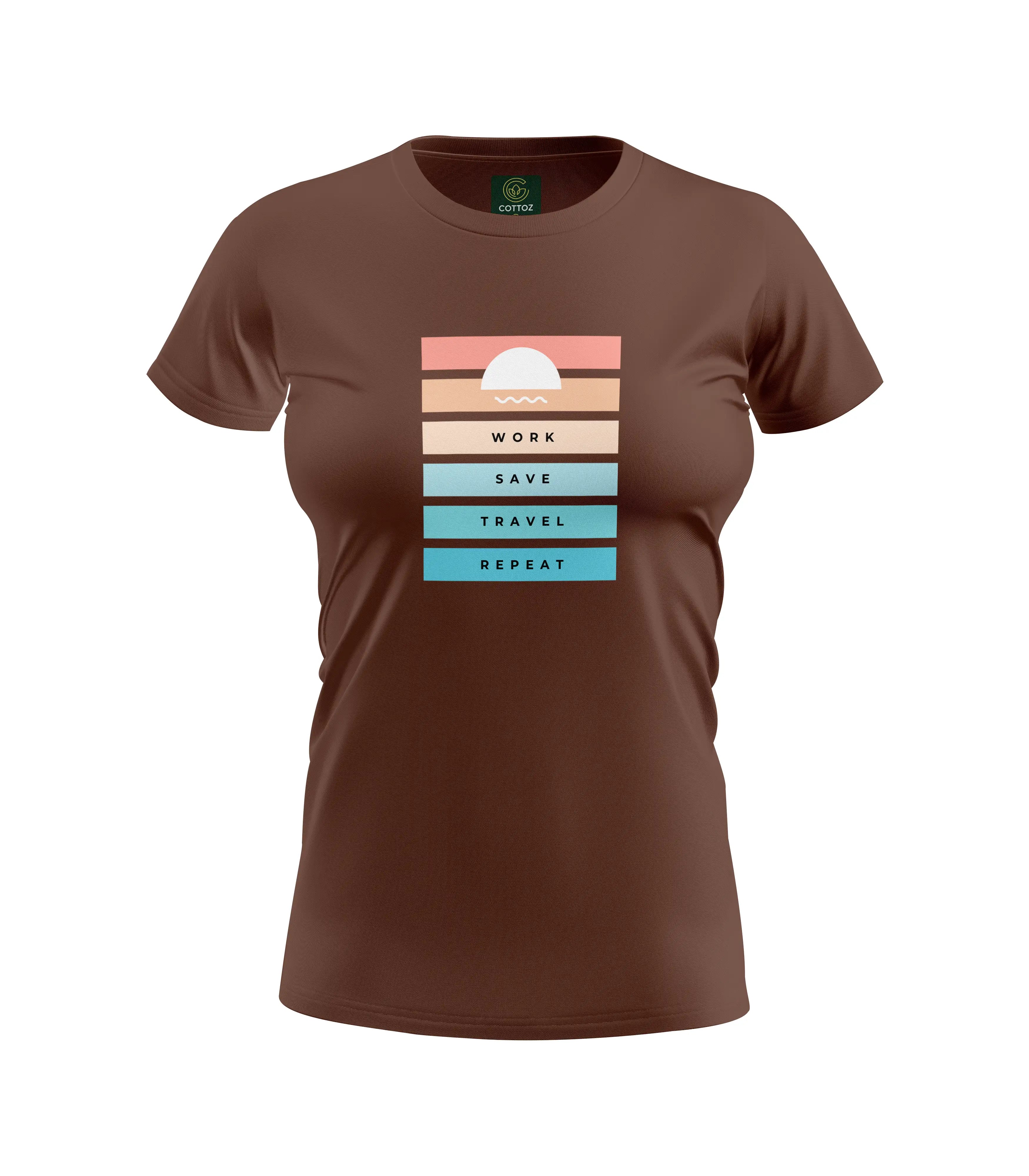 Brown t-shirt with a colorful graphic and text on a white background