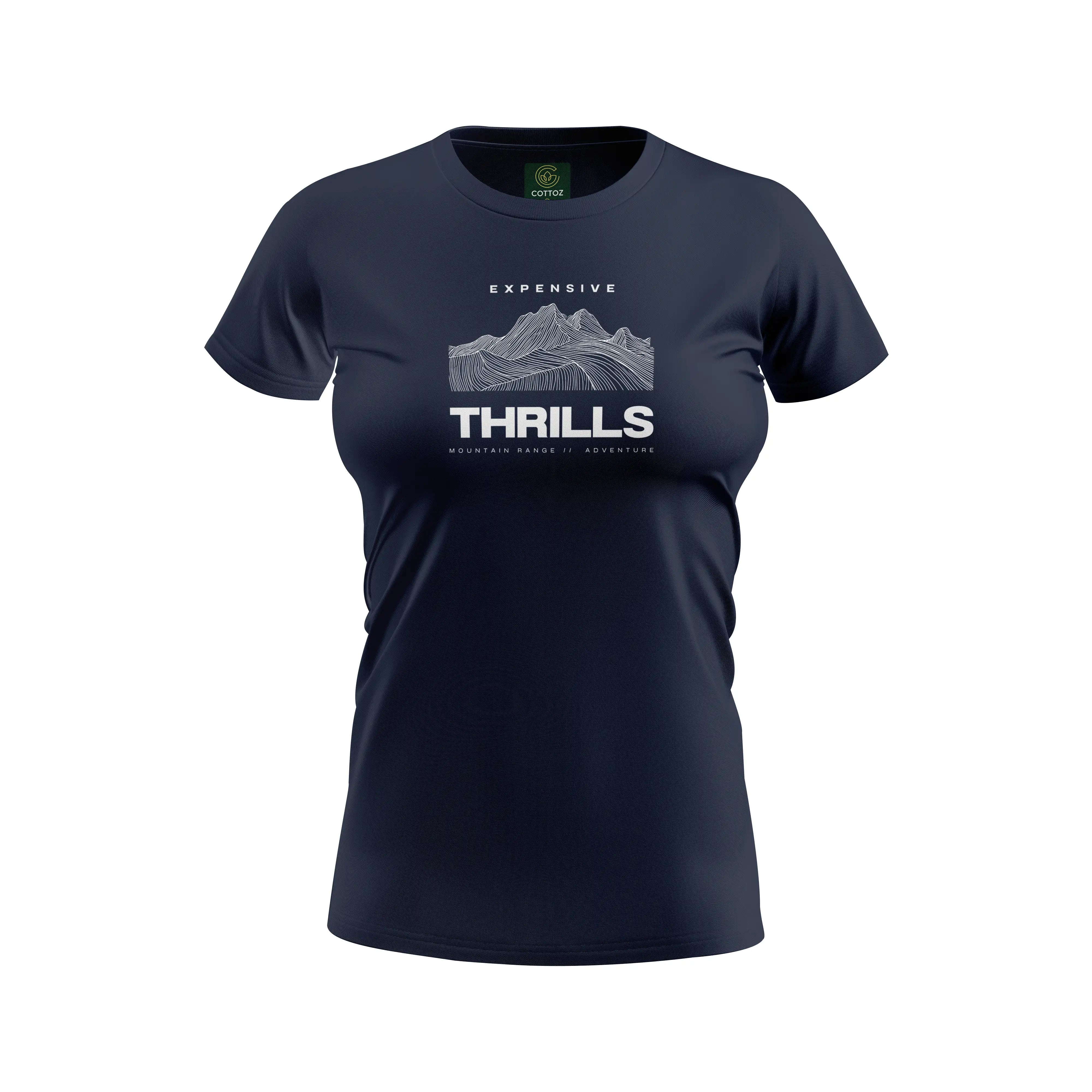 Navy blue t-shirt with white graphic and text on a white background