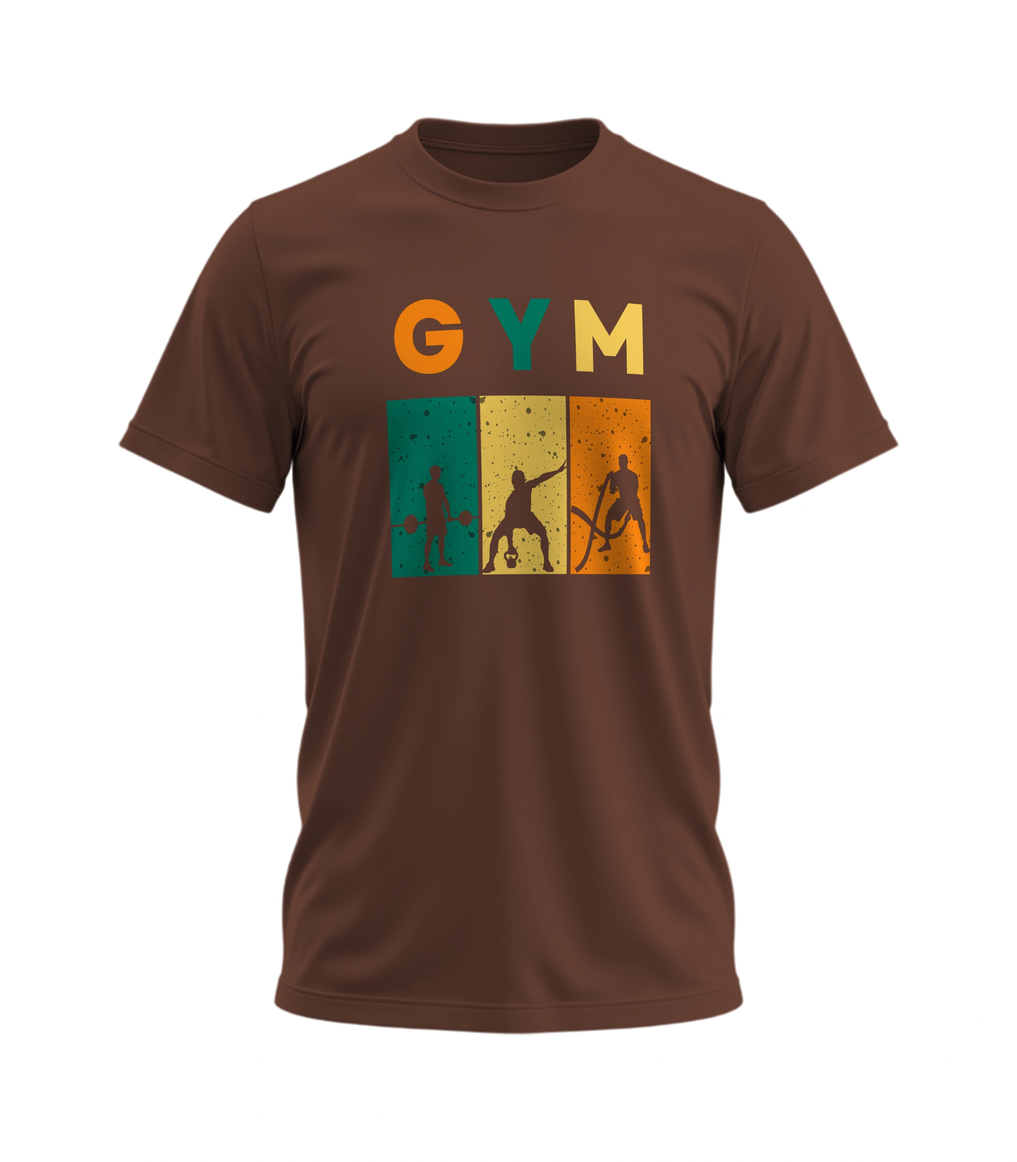 Brown t-shirt with 'GYM' graphic design on a white background