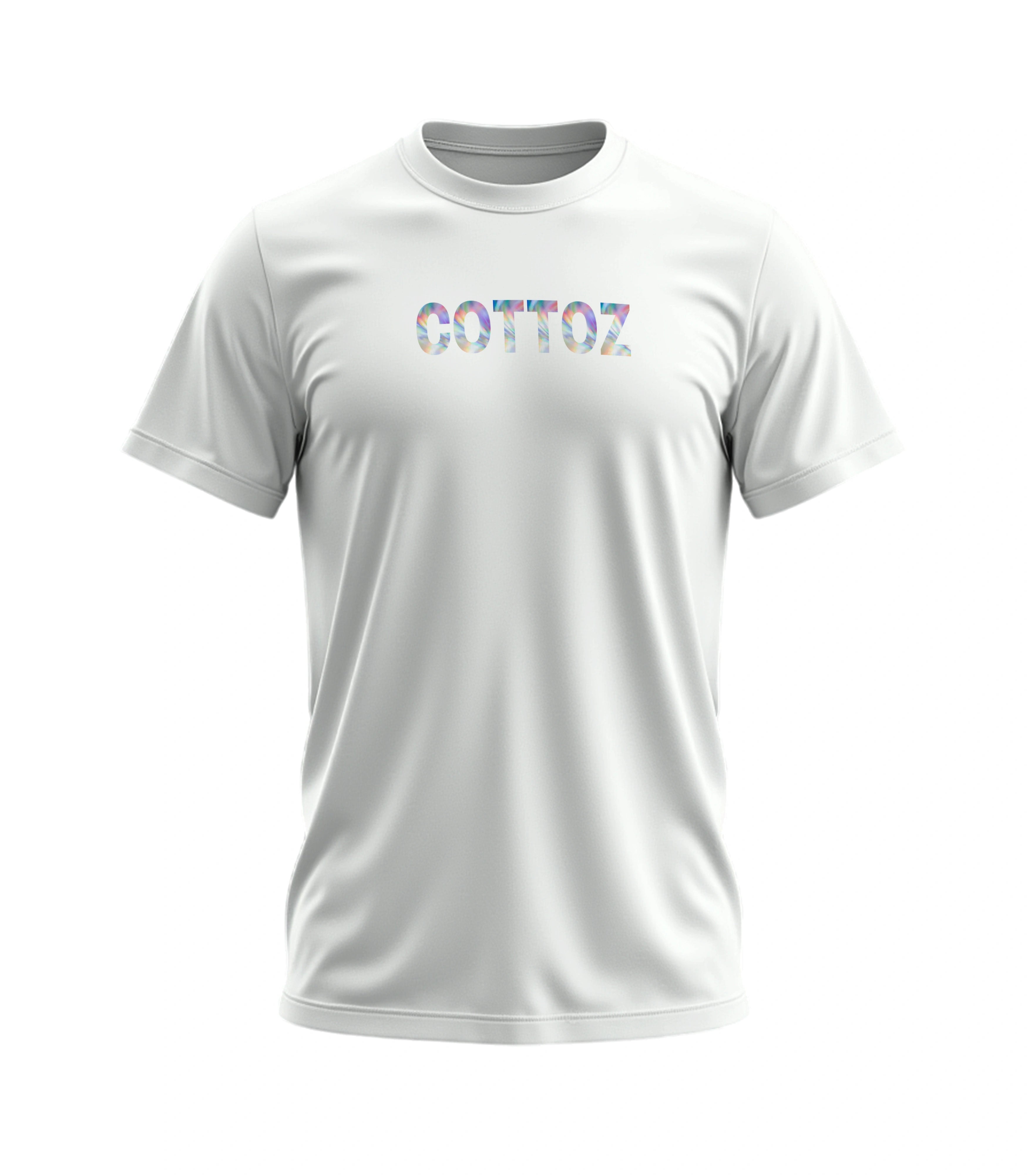 White t-shirt with colorful text on a white background