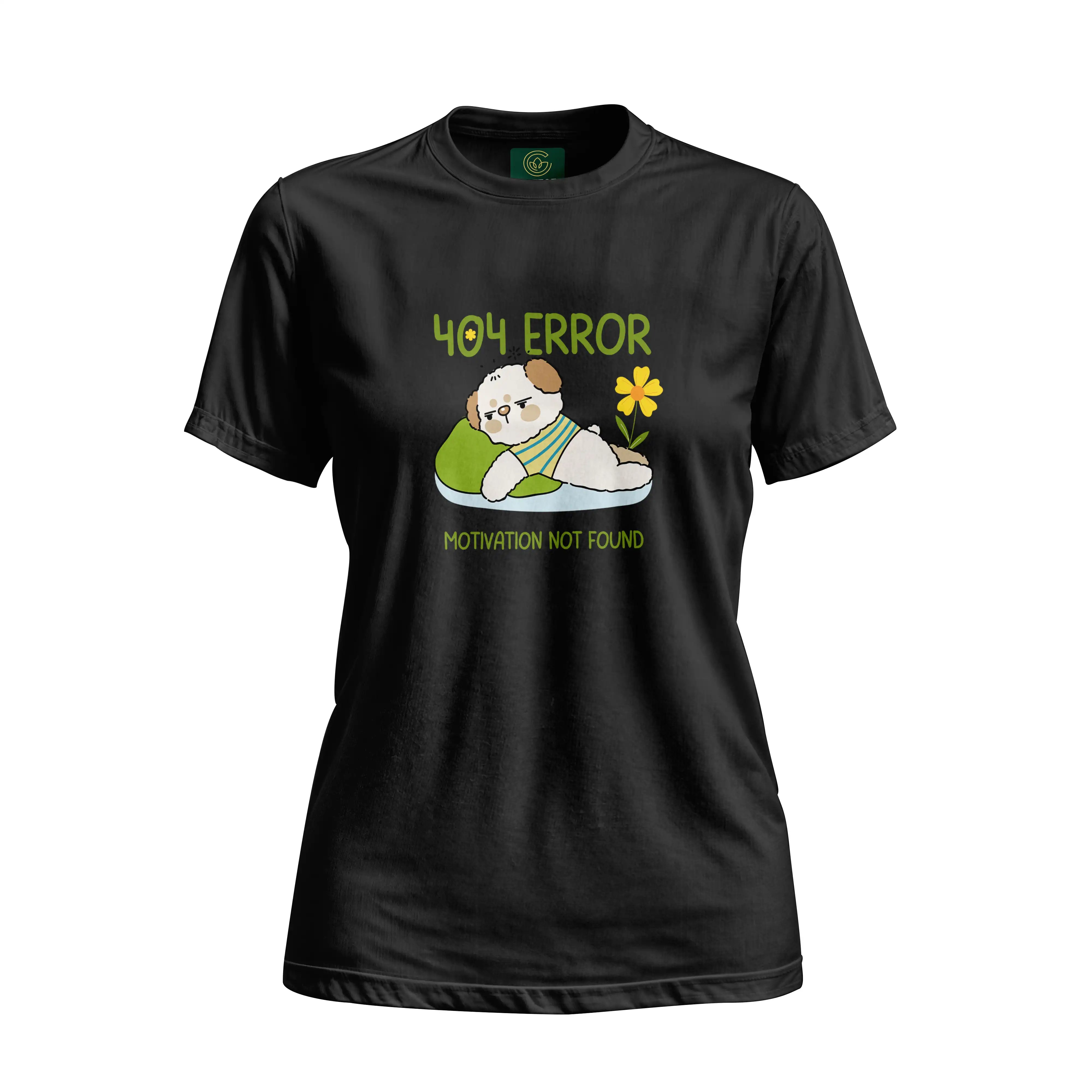 Black t-shirt with a cartoon dog and text on a white background