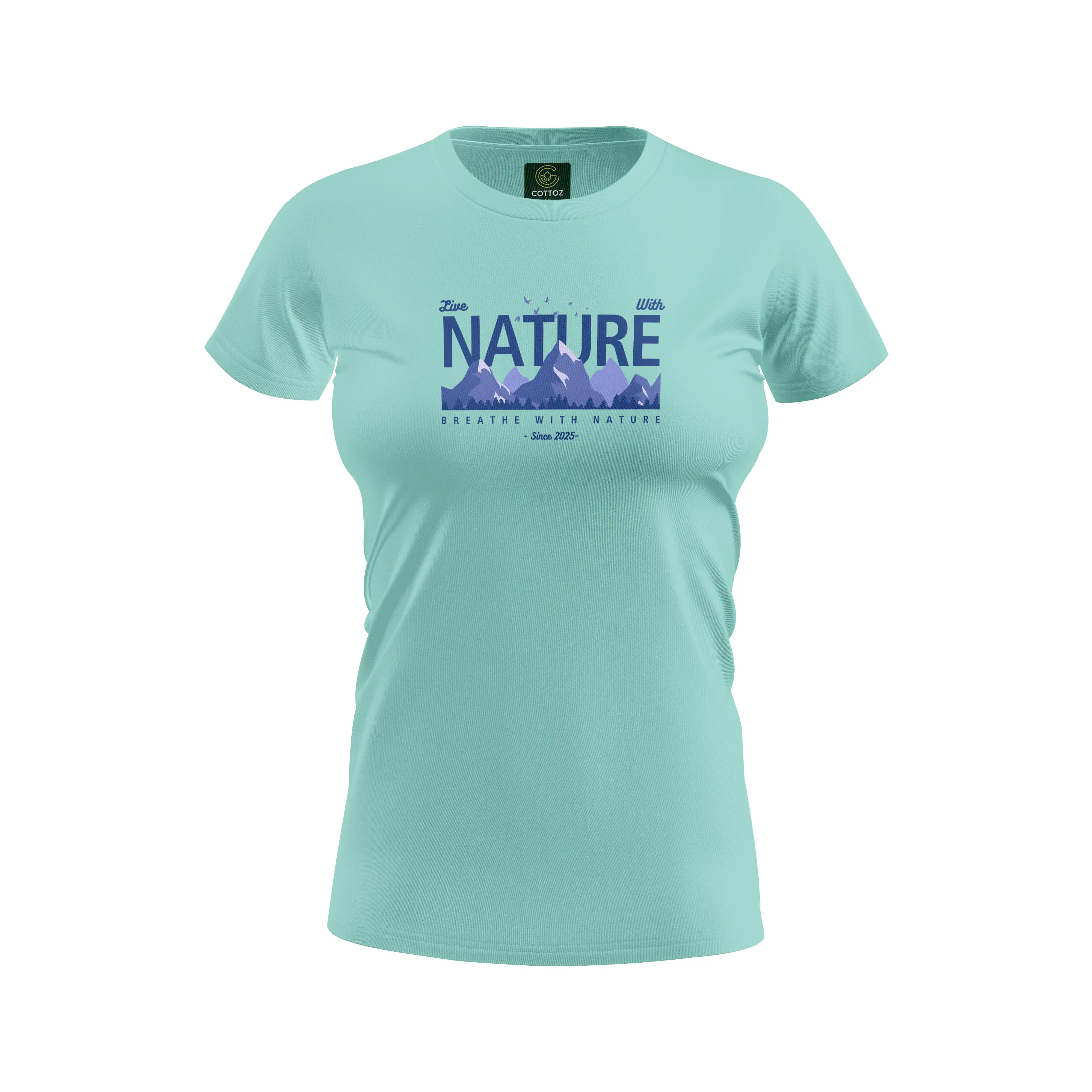 Light blue t-shirt with nature-themed design on a white background