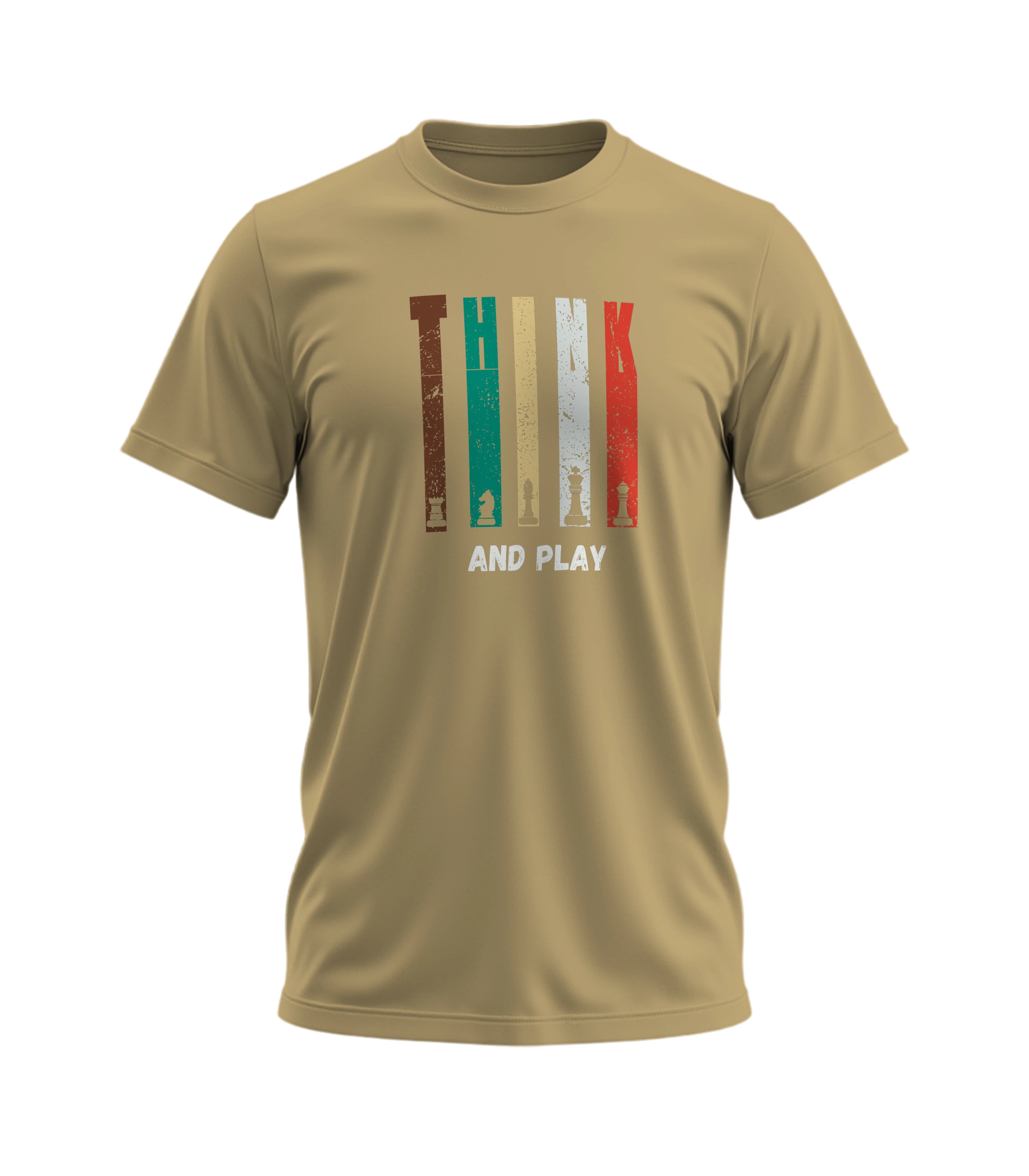 Beige t-shirt with graphic design and text on a white background
