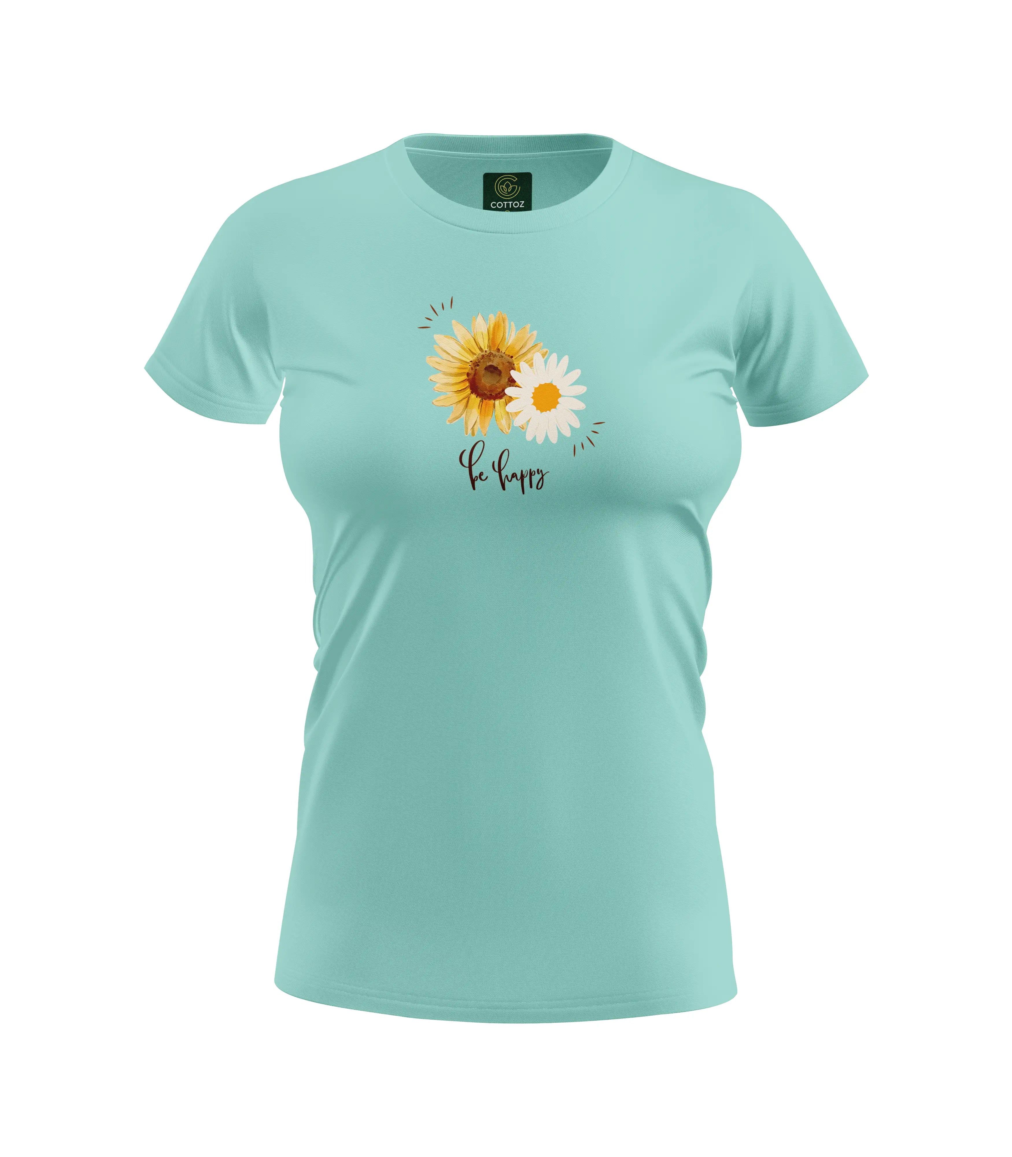 Light blue t-shirt with sunflower design and text on a white background