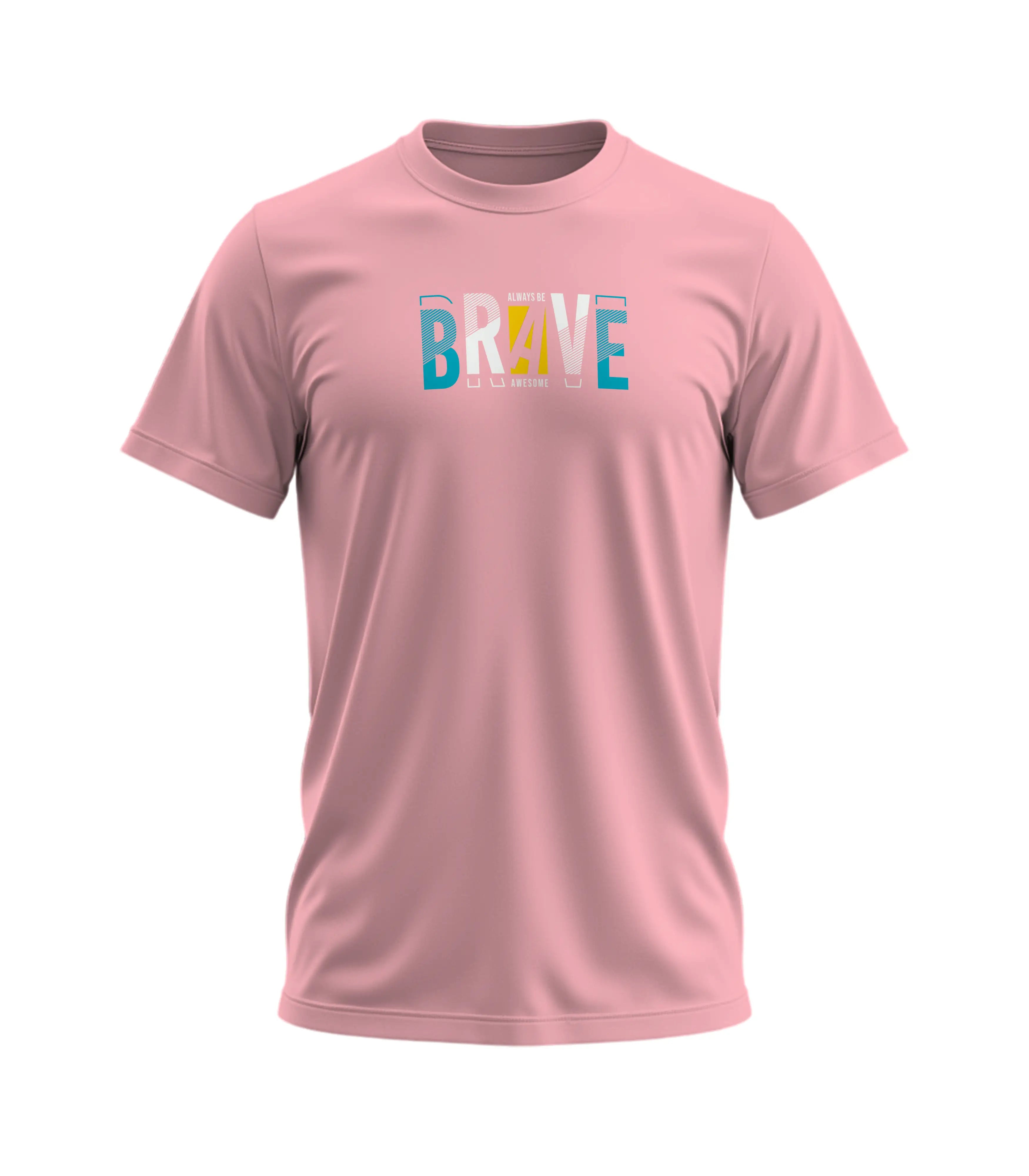 Pink t-shirt with 'BRAVE' text in colorful letters on a white background