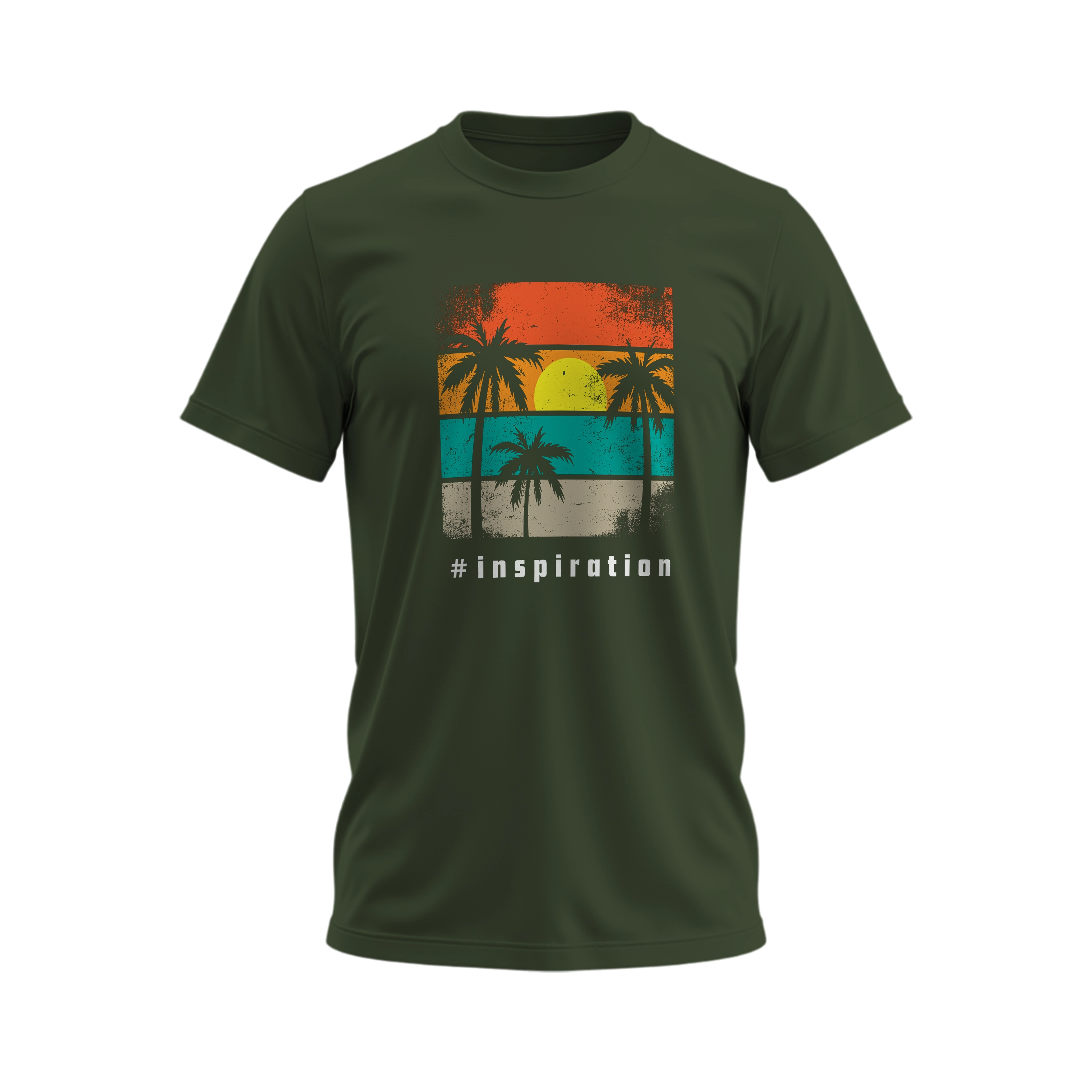 Green t-shirt with a colorful palm tree design and '#inspiration' text on a white background