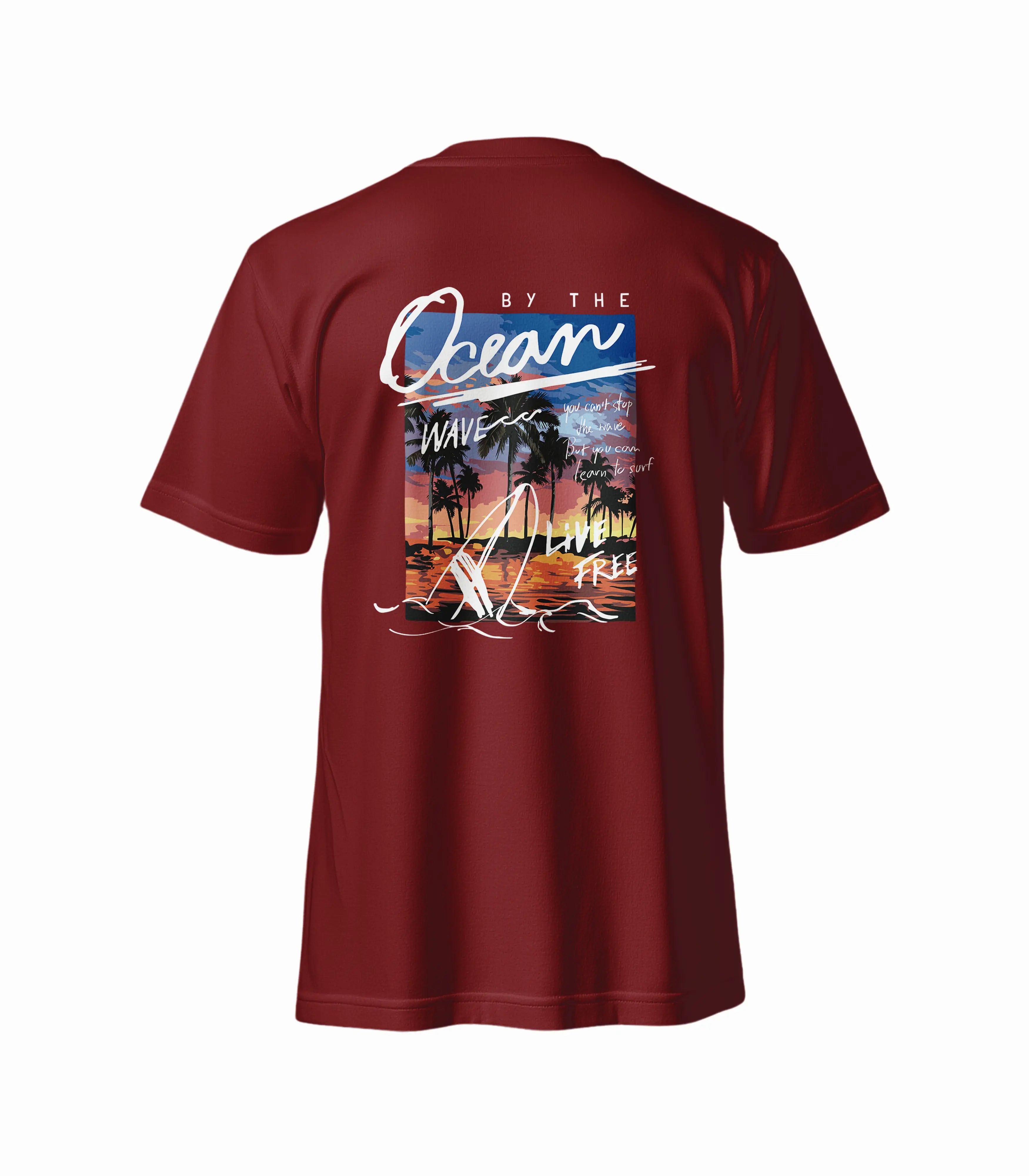Maroon t-shirt with a beach-themed graphic on the back, featuring palm trees and a sunset.
