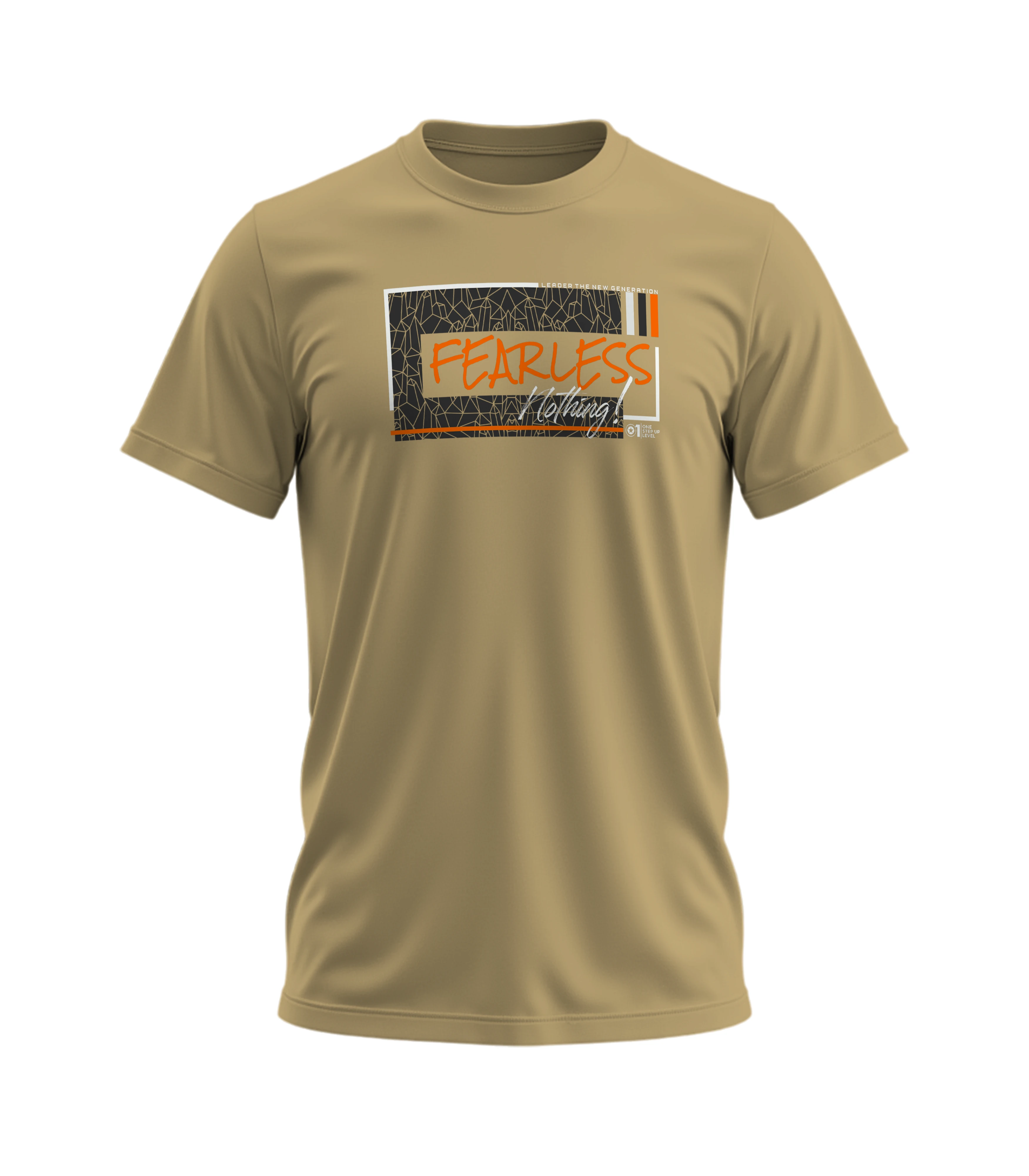 Beige t-shirt with a graphic design on a white background