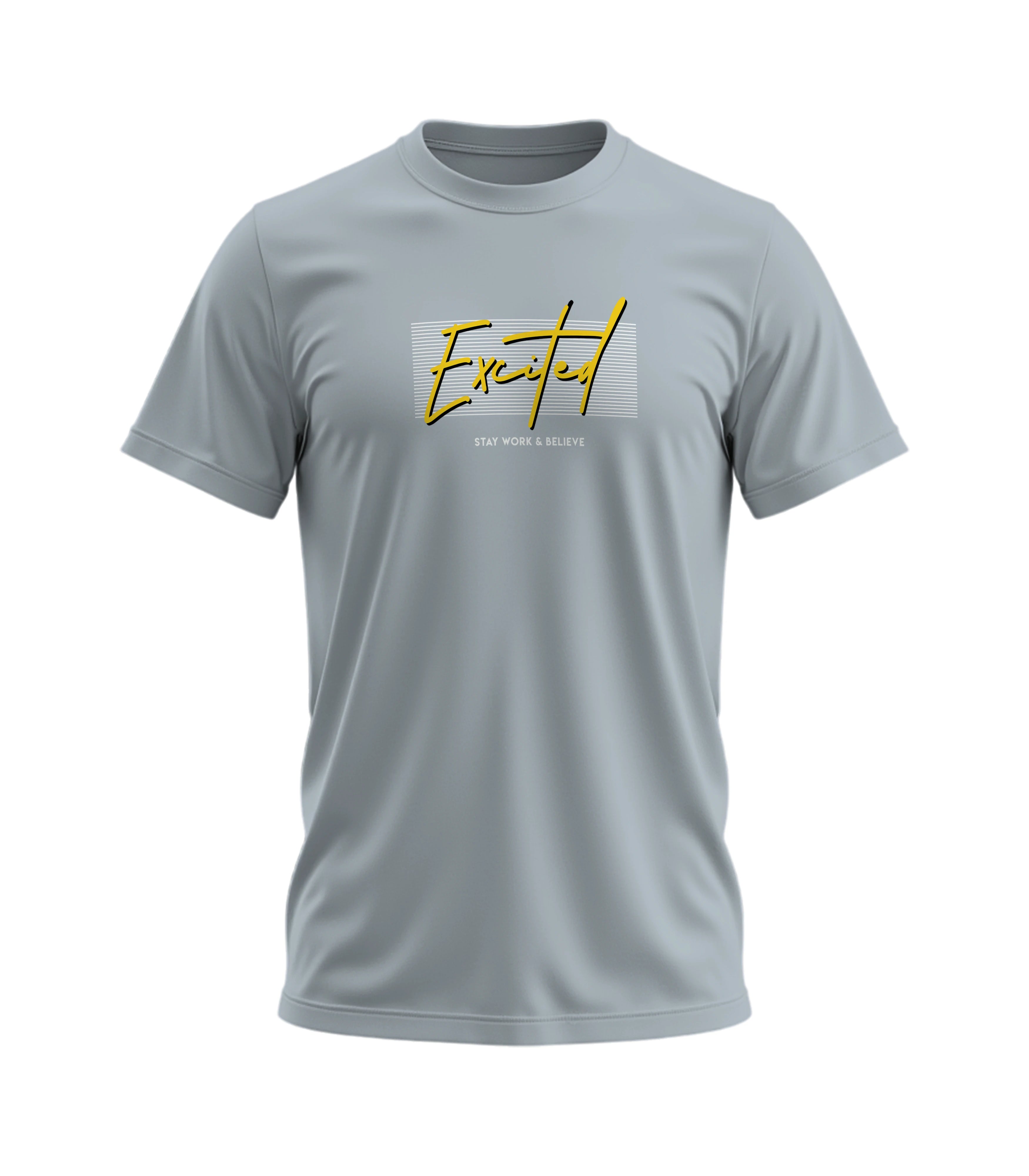 Gray t-shirt with yellow and black text on a white background