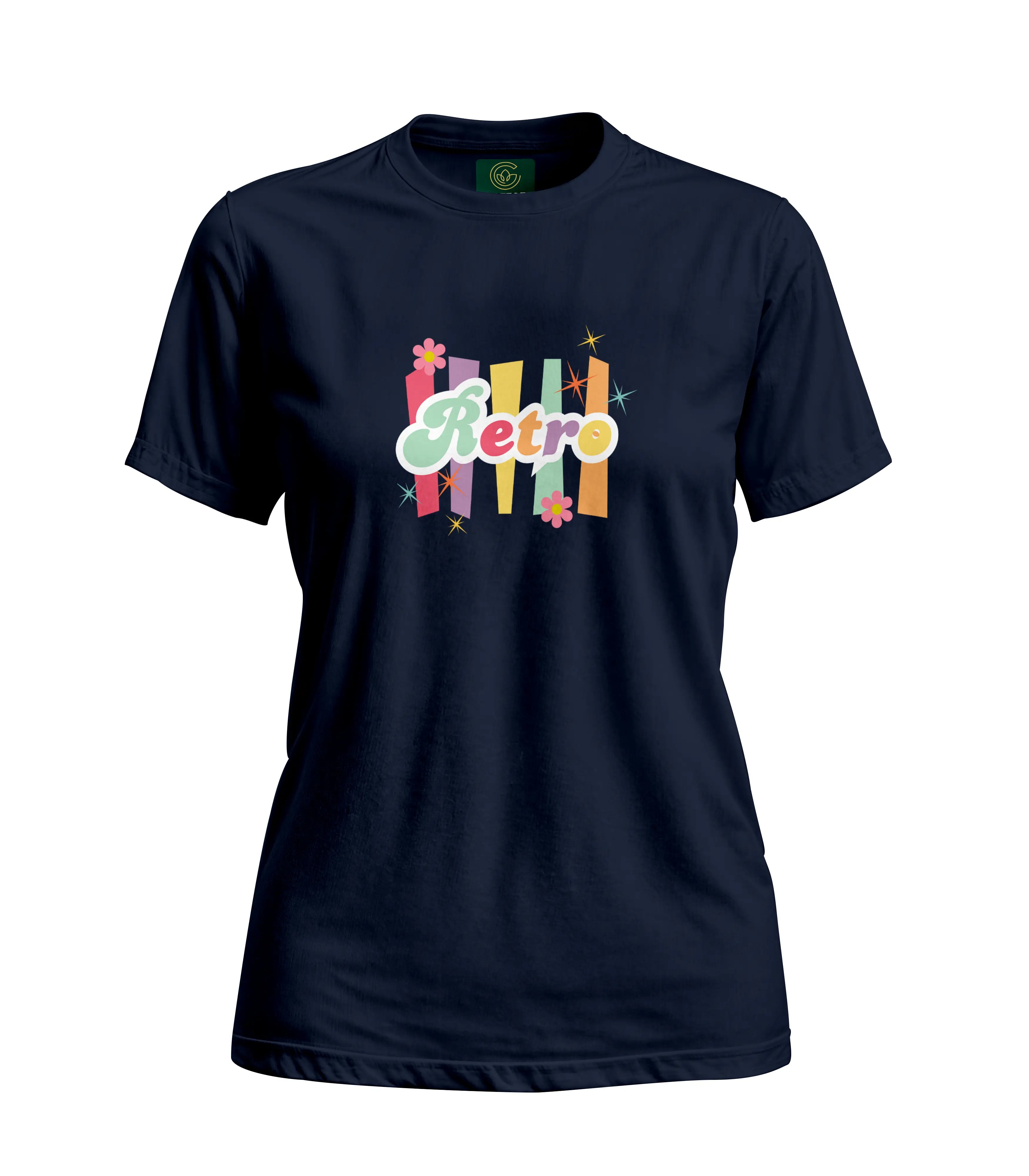 Navy blue t-shirt with colorful 'Retro' design on a white background
