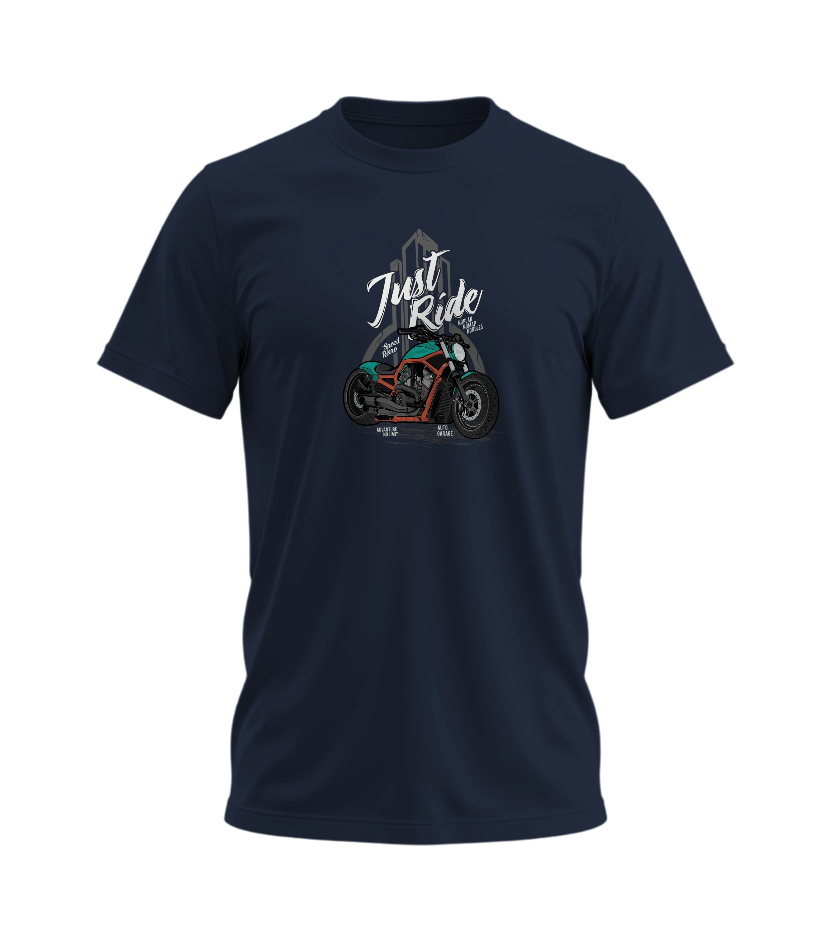 Navy blue t-shirt with a graphic design of a car and 'Just Ride' text on a white background